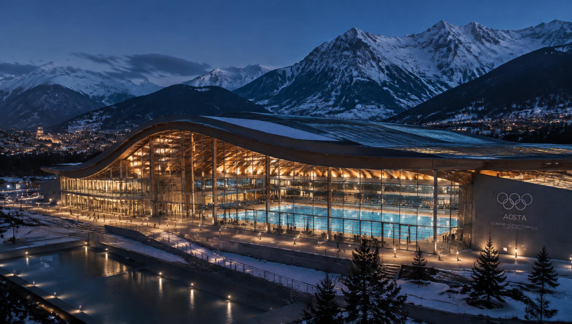 Render del nuovo centro natatorio di Aosta immerso nel paesaggio alpino